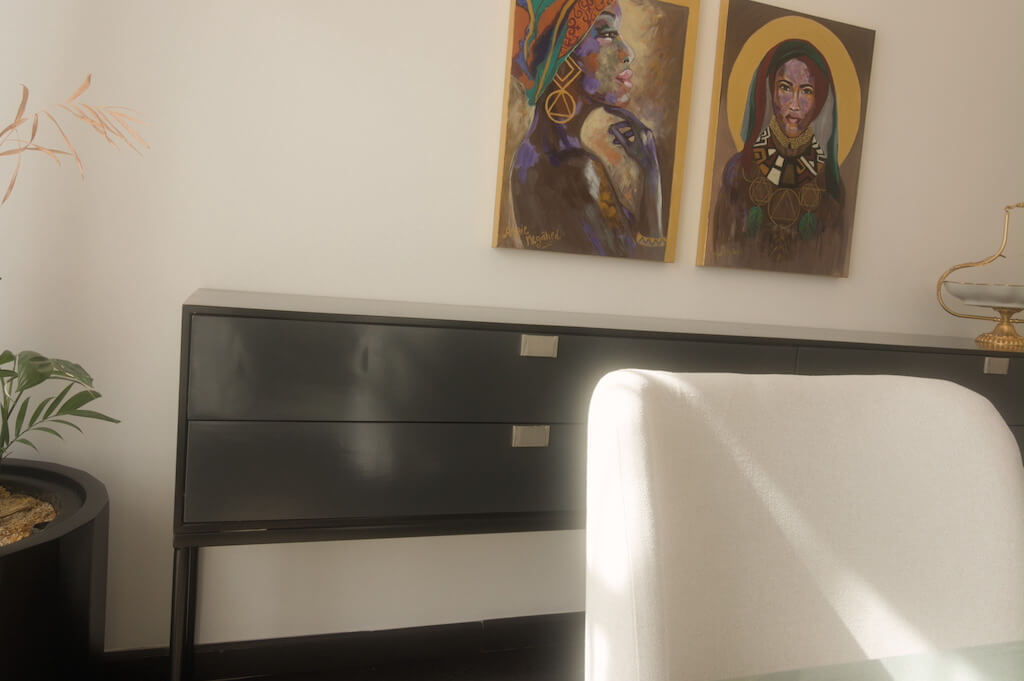 Minimalist sideboard in dining with fine finished black color in luxury duplex renovation