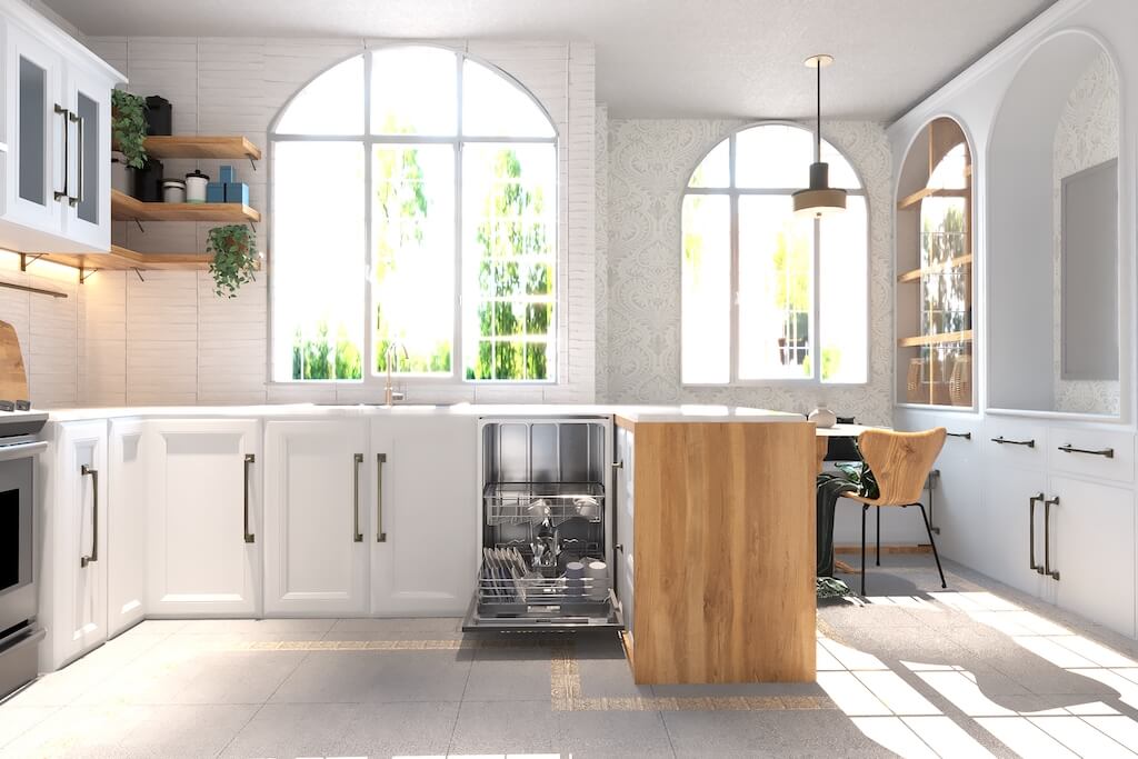 Warm wood textures and clean surfaces and smart seating nook in contemporary kitchen concept

