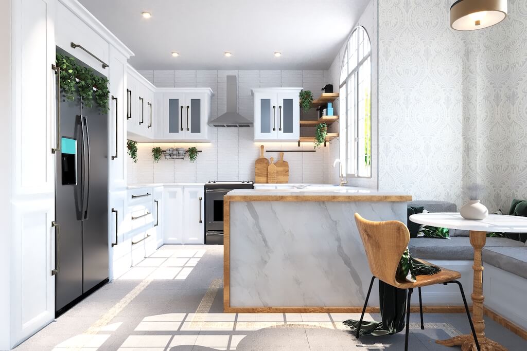 Warm wood textures and clean surfaces and smart seating nook in contemporary kitchen concept

