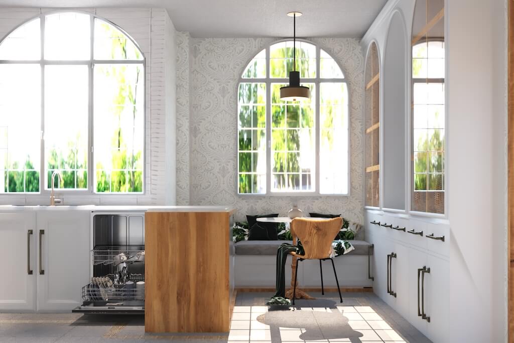 Contemporary kitchen seating area with built-in bench and warm materials in Kattameya design concept