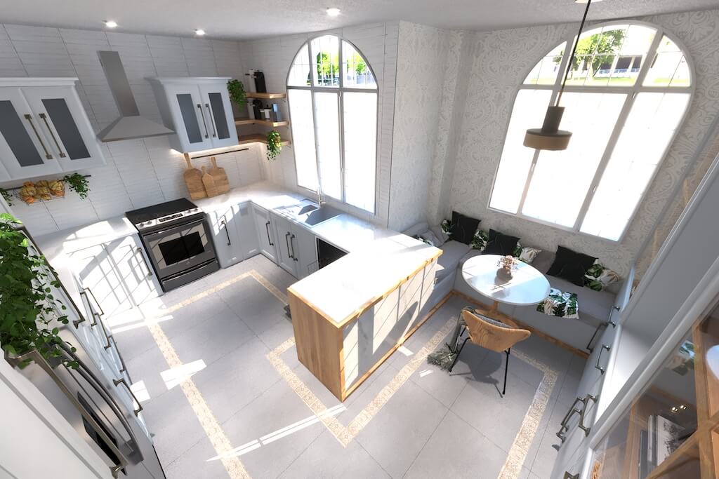 Contemporary kitchen seating area with built-in bench and warm materials in Kattameya design concept