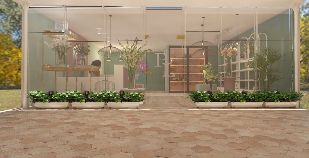 Boutique flower shop entrance with custom counter and floral display in Petals & Leaves, Sherouk
