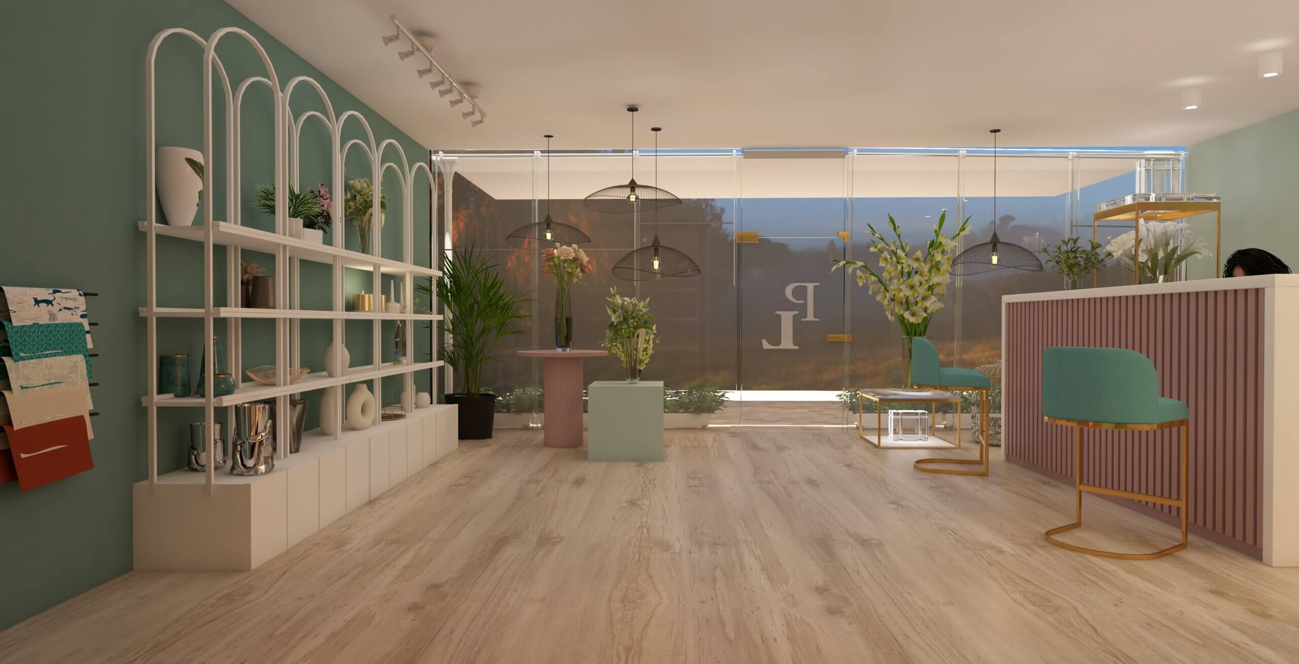 Product display table with curated plants and vases in boutique flower shop design in Cairo