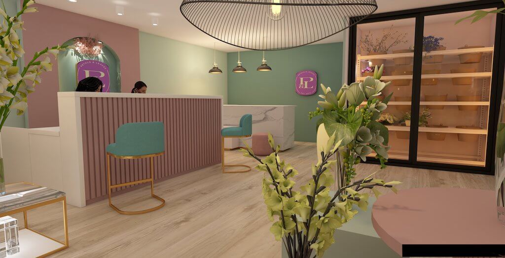 Boutique flower shop entrance with custom counter and floral display in Petals & Leaves, Sherouk

