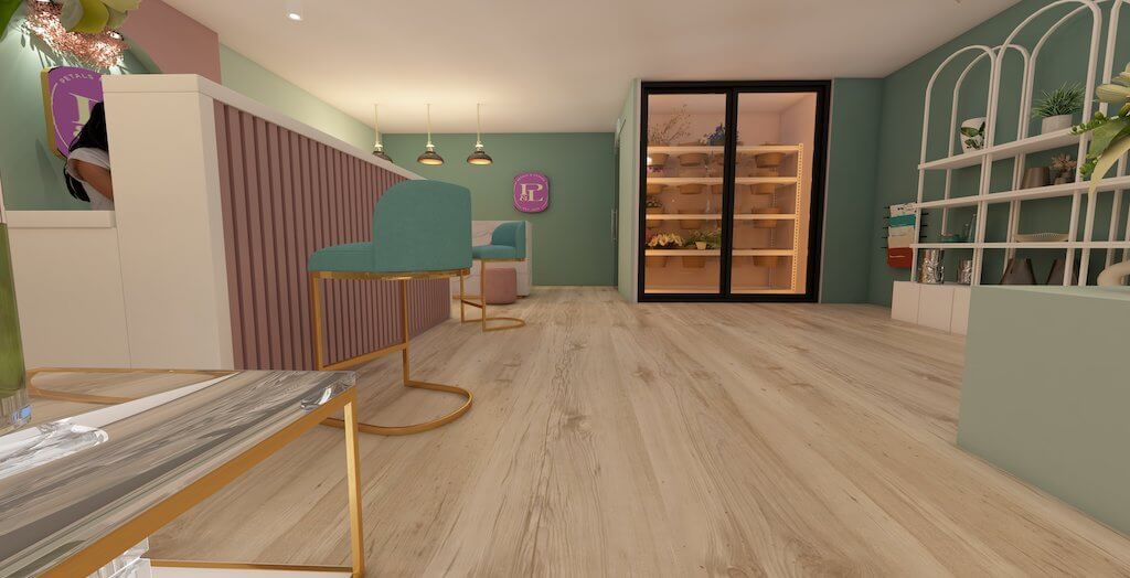 Product display table with curated plants and vases in boutique flower shop design in Cairo

