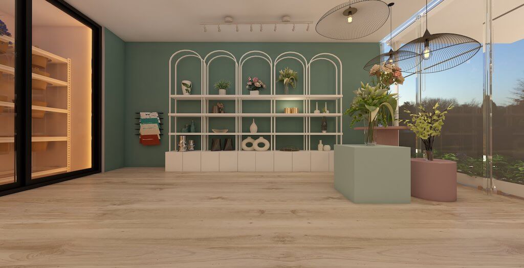 Modern display shelves with curated floral arrangements in Sherouk flower shop interior