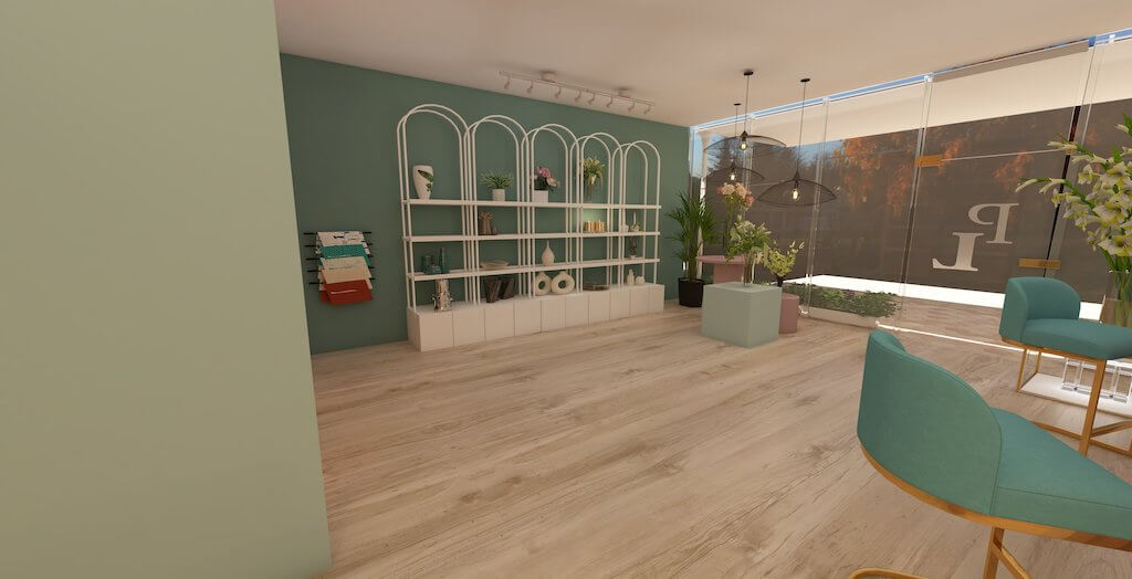 Modern display shelves with curated floral arrangements in Sherouk flower shop interior