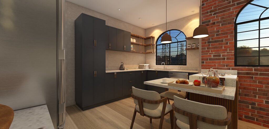 Wall-mounted kitchen cabinetry in wood and navy blue tones, modern New Cairo kitchen