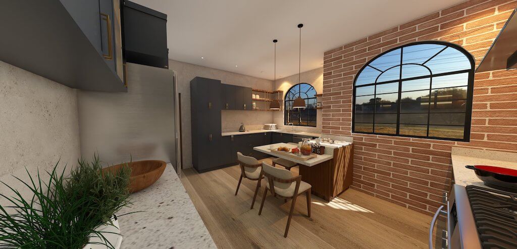 ayered lighting design in contemporary kitchen visualization