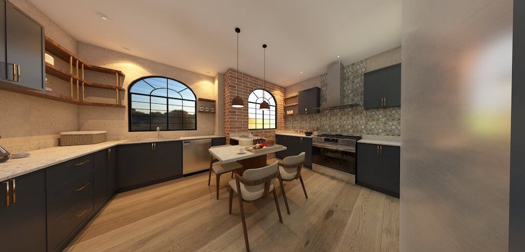 Modern kitchen design with clean lines and navy accents in New Cairo concept project