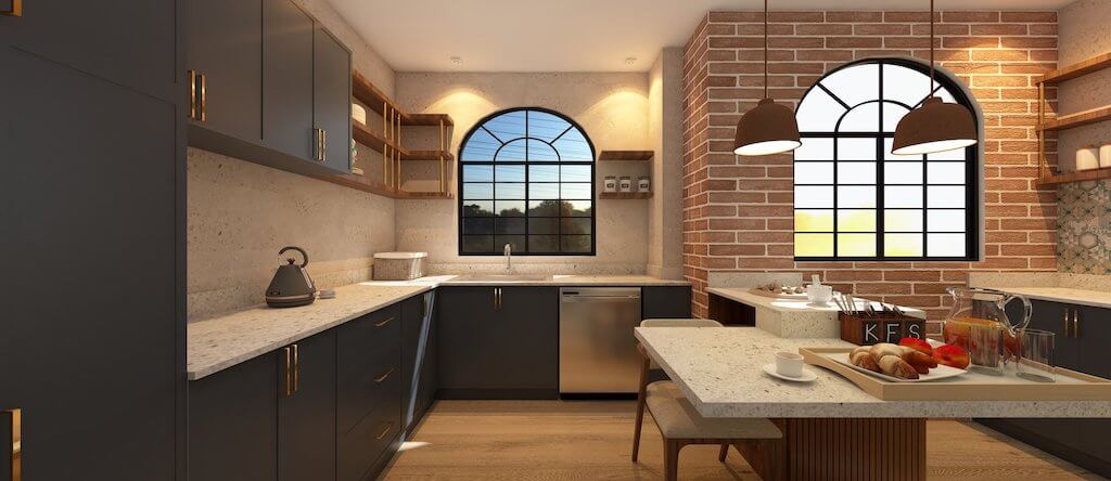 Modern kitchen design with clean lines and layered textures and colors in New Cairo design project