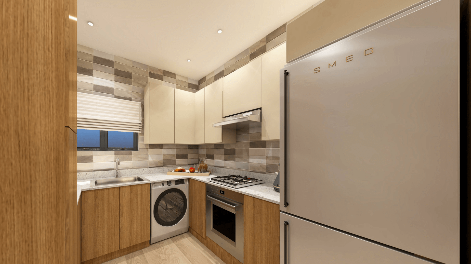 Fully equipped kitchen with white cabinetry, stainless steel appliances, and a breakfast bar with two stools in Degla Maadi Airbnb flat.