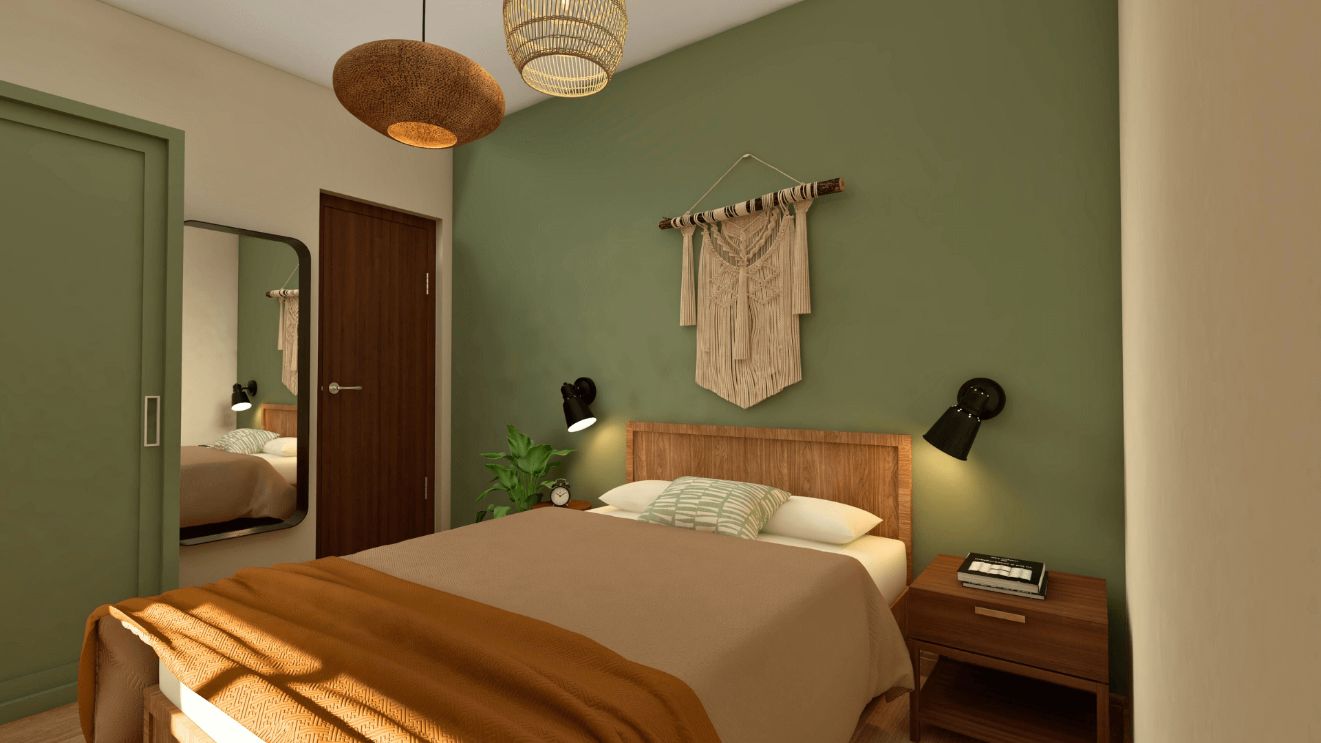 Boho-style bedroom with natural woven textures, layered textiles, and neutral earthy tones in Degla Maadi Airbnb design