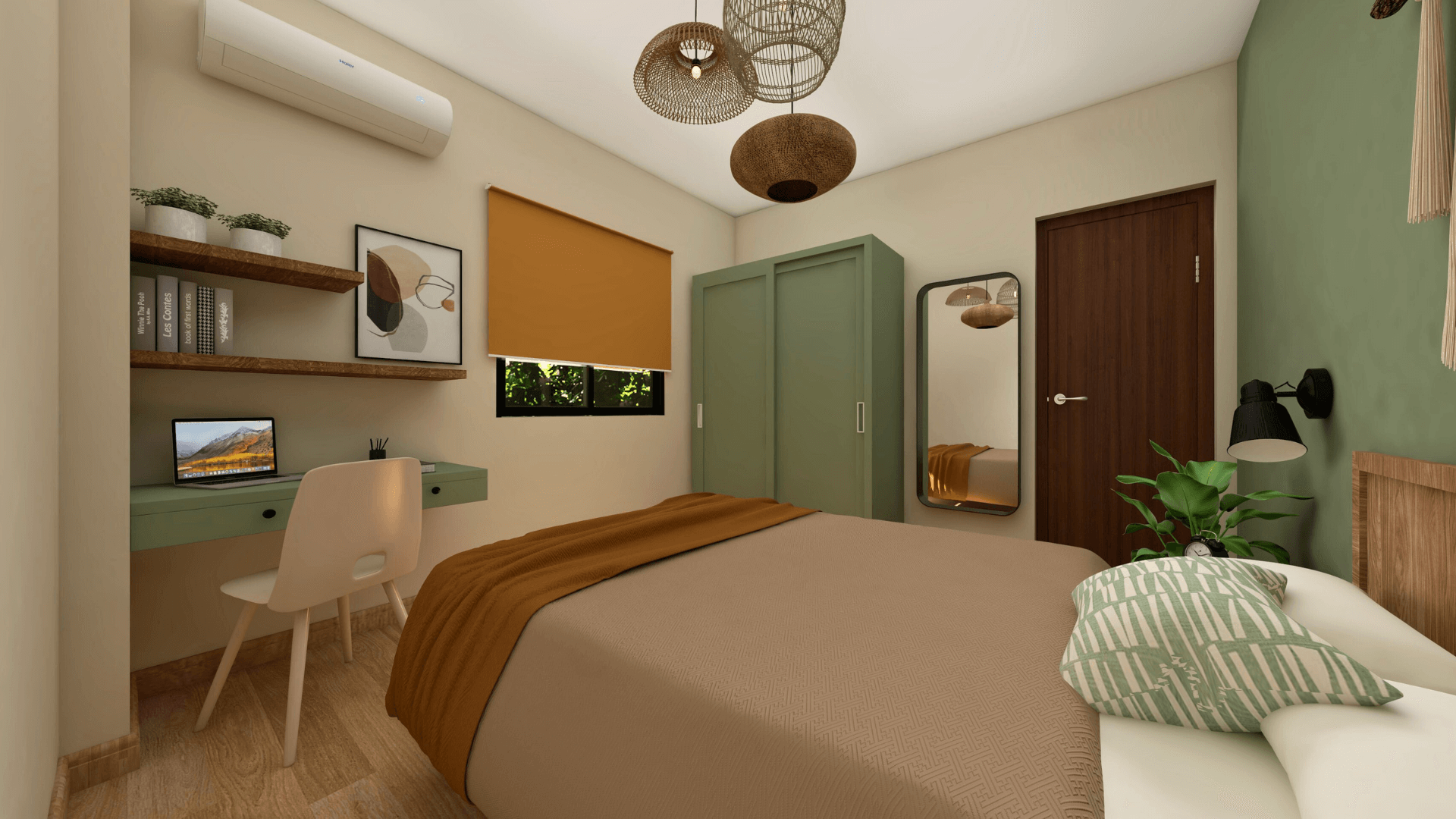 Boho-style bedroom with natural woven textures, layered textiles, and neutral earthy tones in Degla Maadi Airbnb design