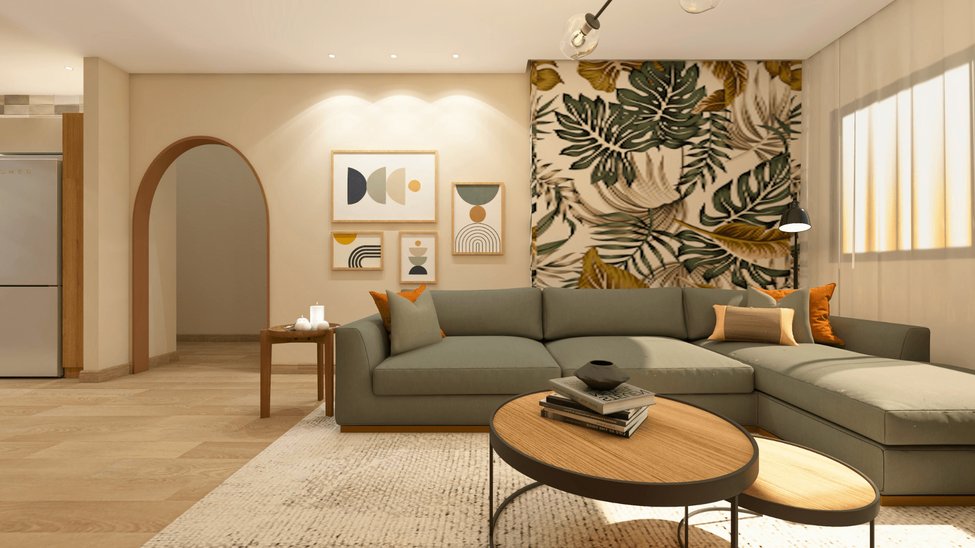 Modern living room with a olive L-shaped sofa, wooden coffee table, and abstract wall art in Degla Maadi Airbnb rental.