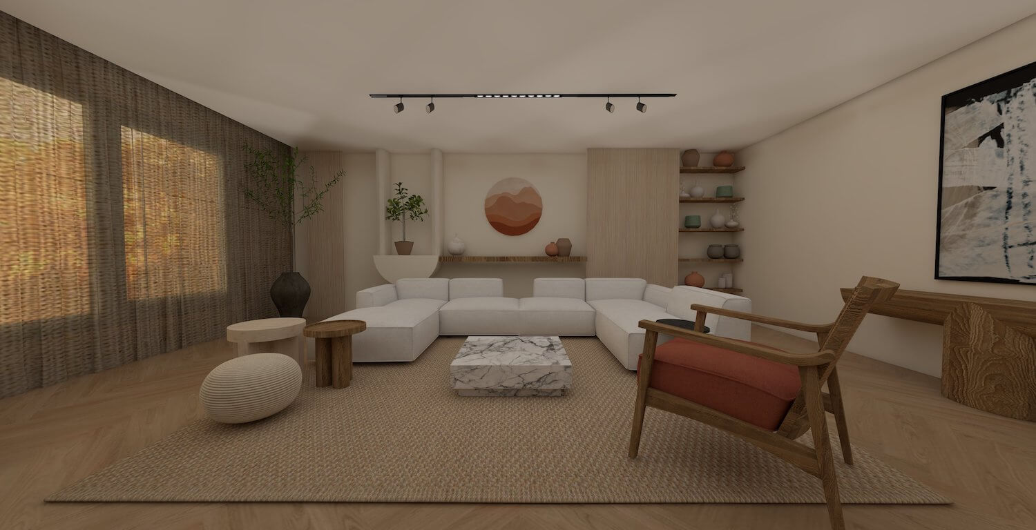 Japandi-style living room with neutral tones, natural wood furniture, and minimalist décor in Sherouk City villa.