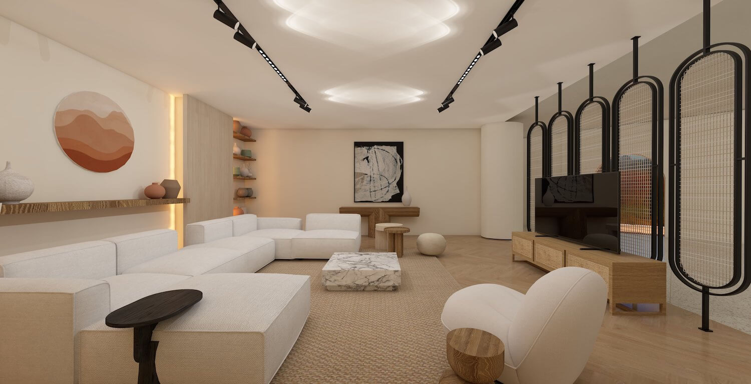 Minimalist seating area featuring a low-profile sofa, marble coffee table, and soft lighting in Japandi living room design.