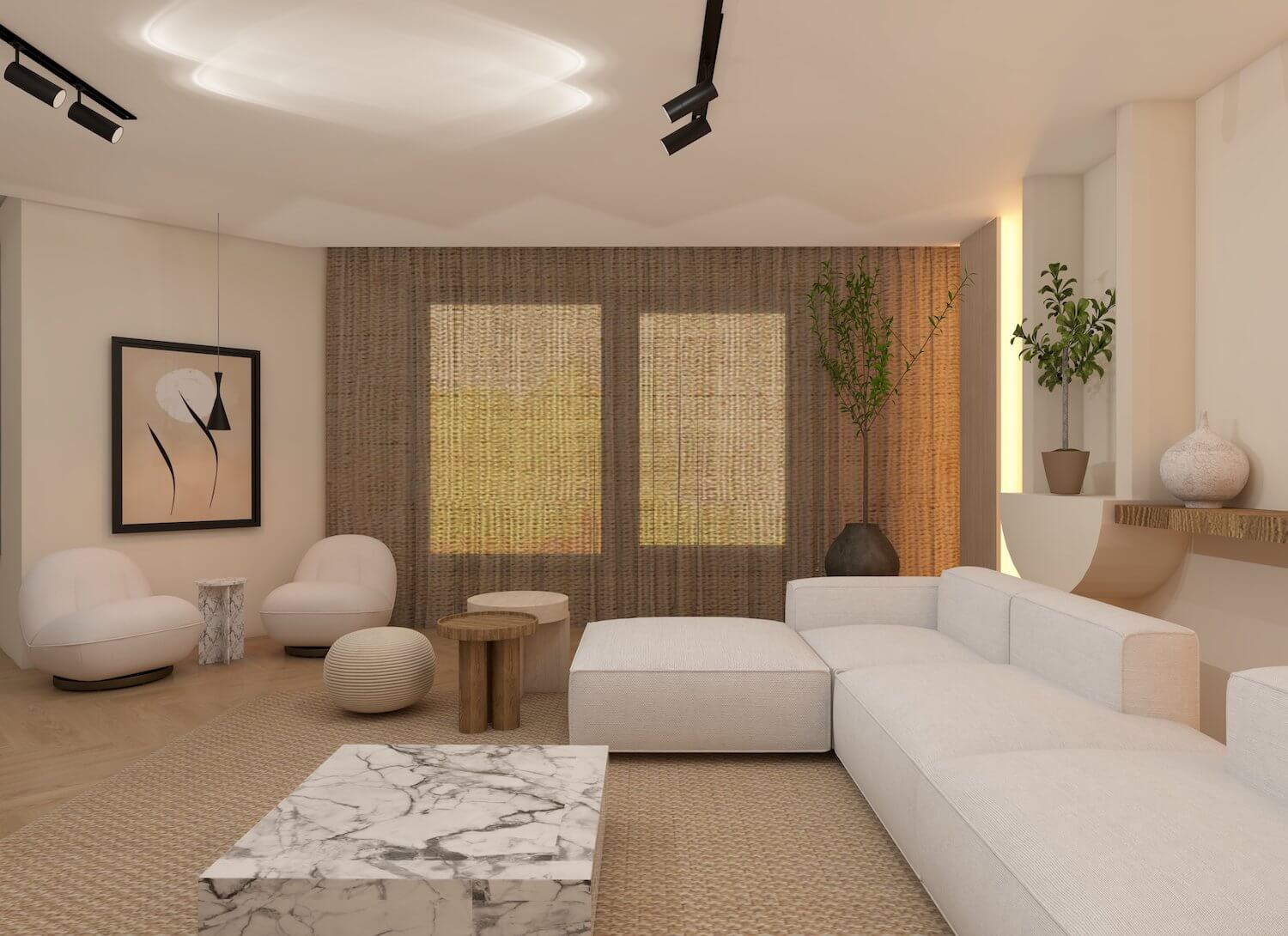 Close-up of natural wood accents and indoor plants enhancing the Japandi aesthetic in Sherouk City living room.